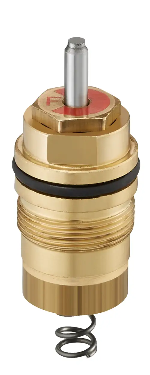 Thermostatventileinsatz aus Messing mit einem metallischen Betätigungsstift und einer Spiralfeder für den Einsatz in Heizungsanlagen. Marke Oventrop.